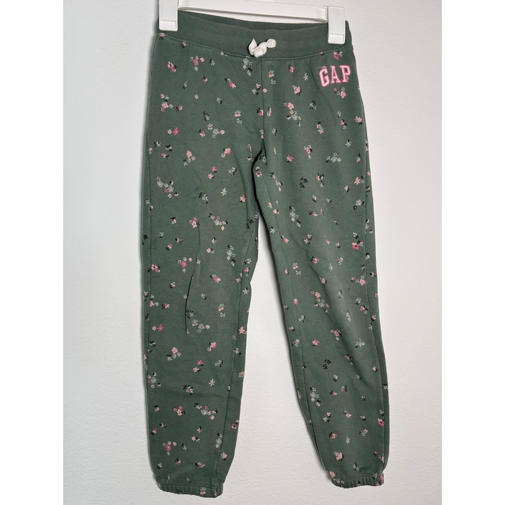 Gap Kids Girls Green Floral Fleece Jogger Sweatpants Pink Logo Size L 10‎